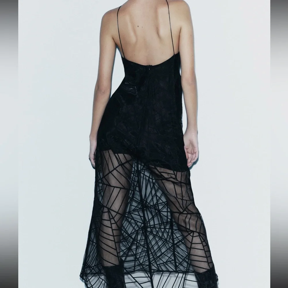 Zara Black Sheer Midi Slip Dress - Picture 1 of 11